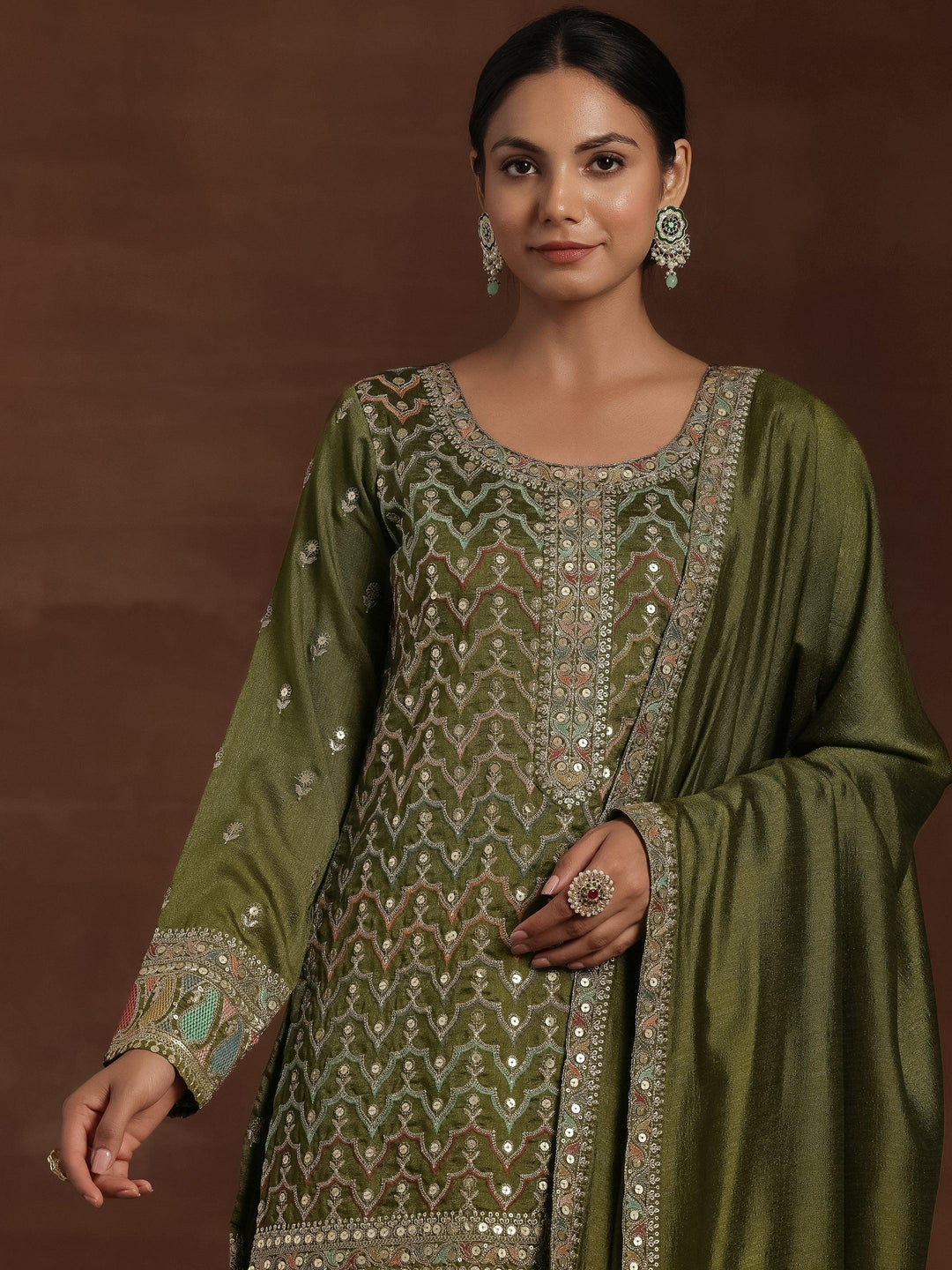 Olive Embroidered Silk Blend Straight Kurta With Palazzos & Dupatta - Libas 