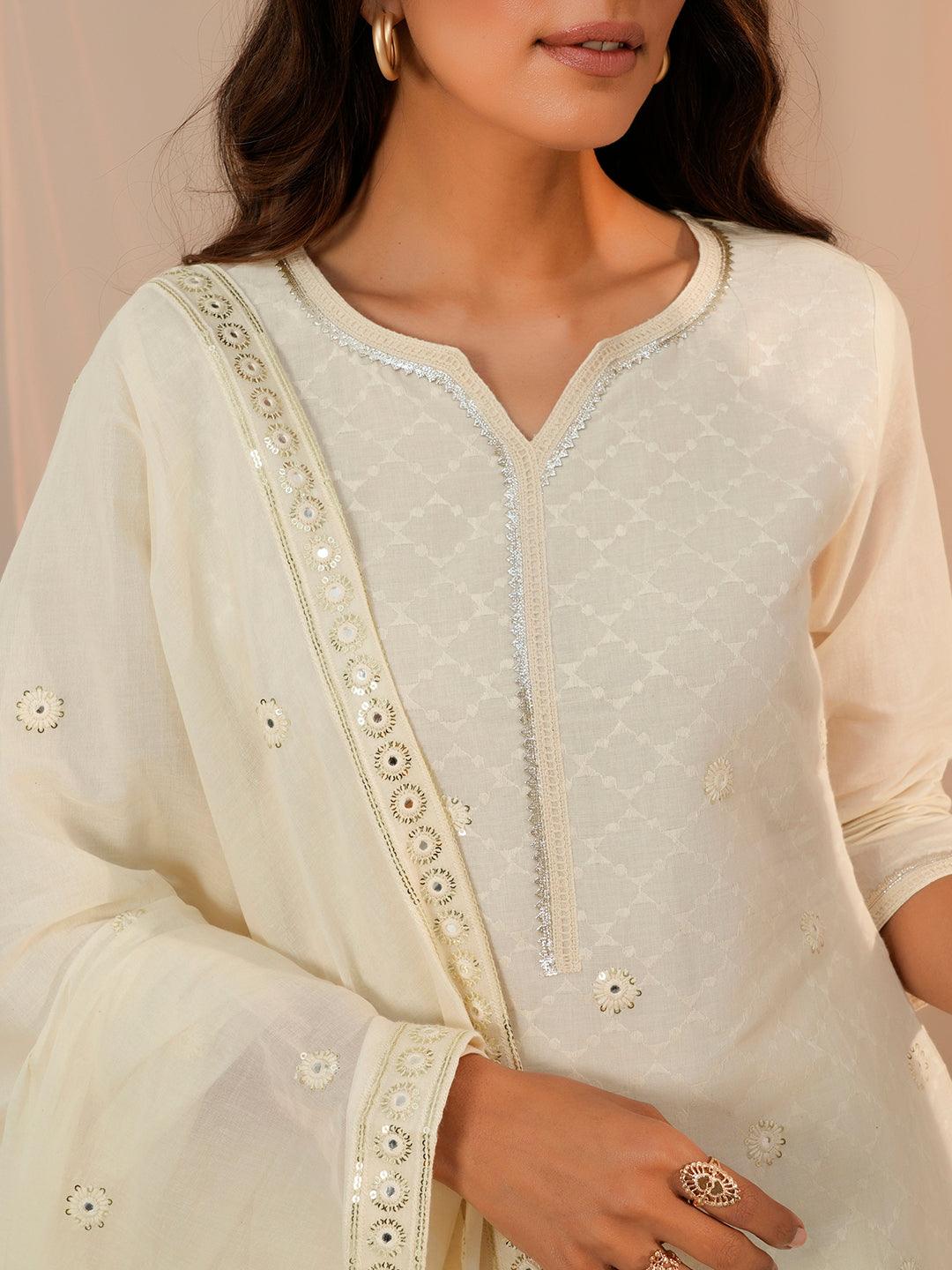 Off White Embroidered Cotton Straight Suit With Dupatta - Libas 