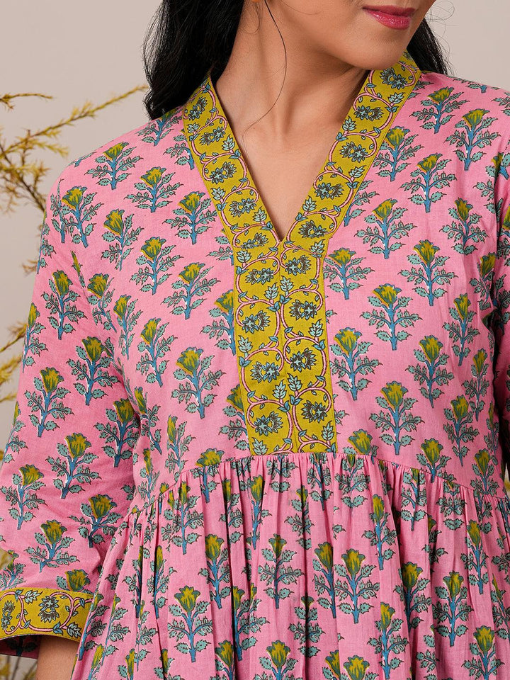 Pink Printed Cotton A-Line Kurti - Libas