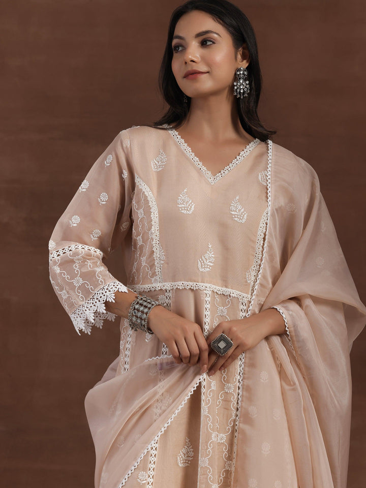 Nude Embroidered Organza A-Line Kurta With Palazzos & Dupatta - Libas