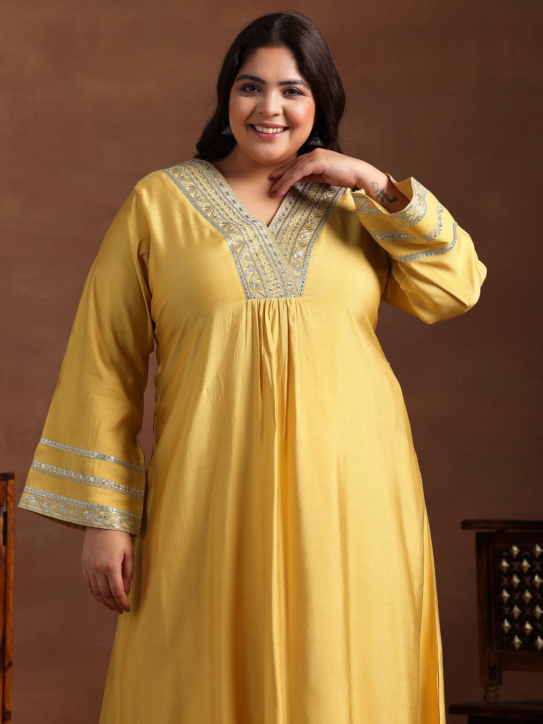 Plus Size Yellow Yoke Design Silk Blend A-Line Kurta With Trousers - Libas