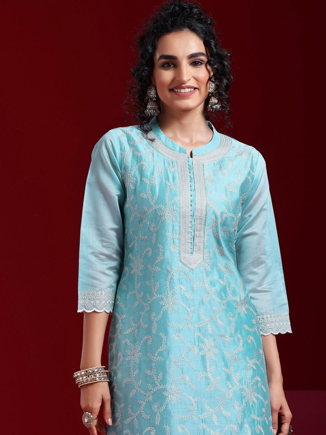 Libas Art Blue Embroidered Chanderi Silk Straight Suit With Dupatta - Libas 