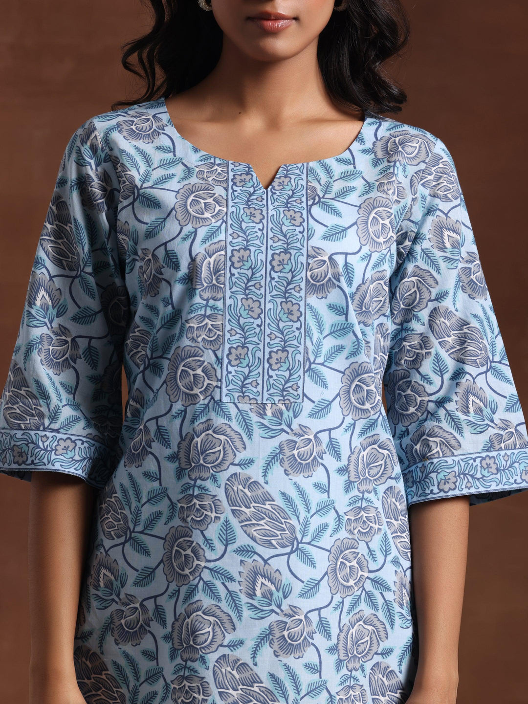 Blue Printed Cotton Straight Kurti - Libas