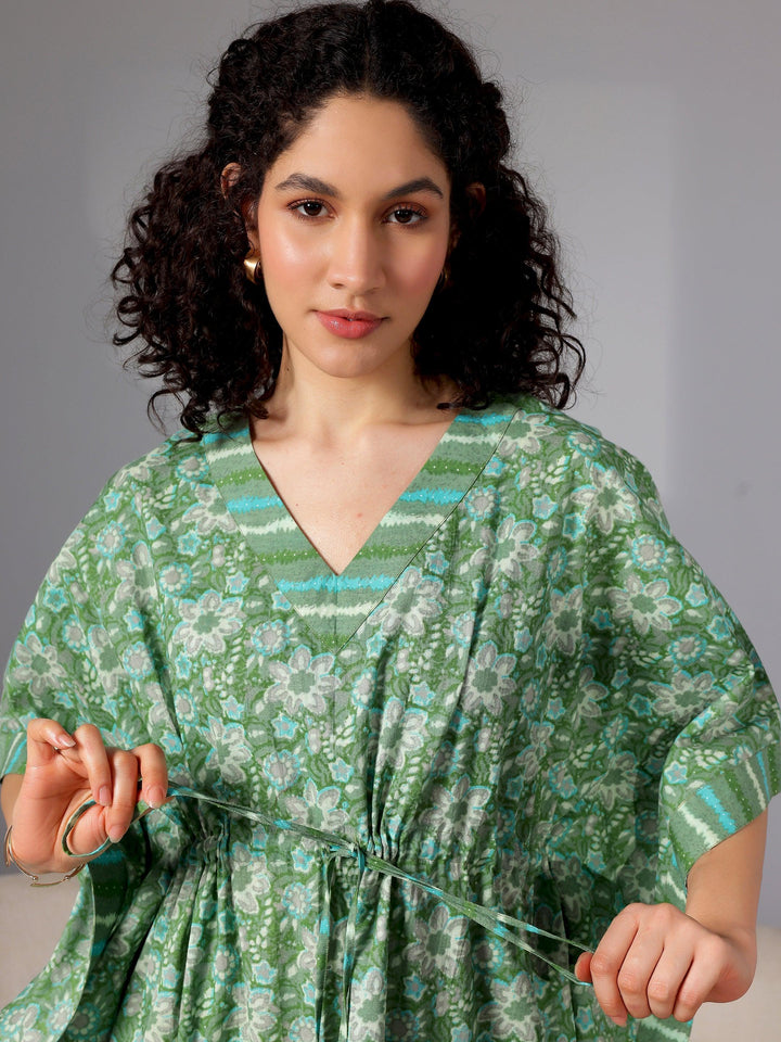 Green Printed Cotton Kaftan Night Dress - Libas