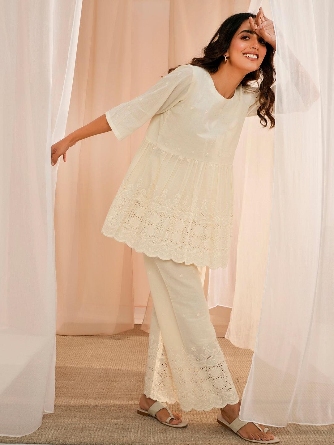 Off White Self Design Cotton Tunic With Palazzos - Libas 