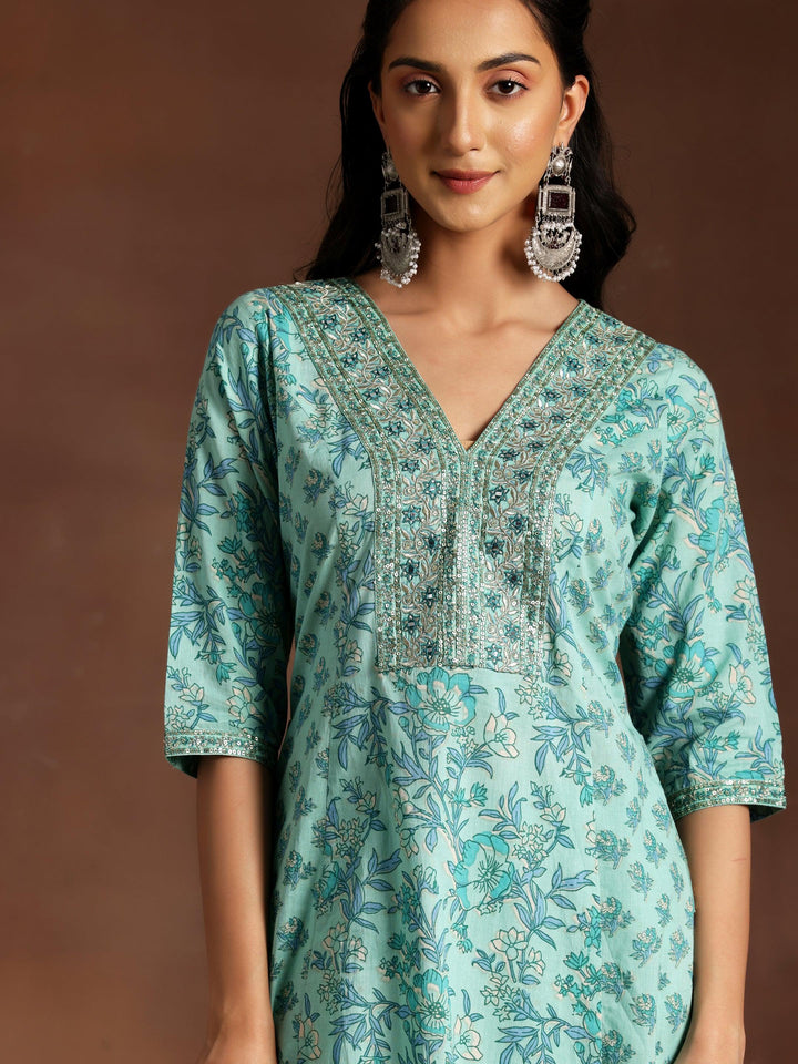 Turquoise Printed Cotton A-Line Kurta With Palazzos & Dupatta - Libas