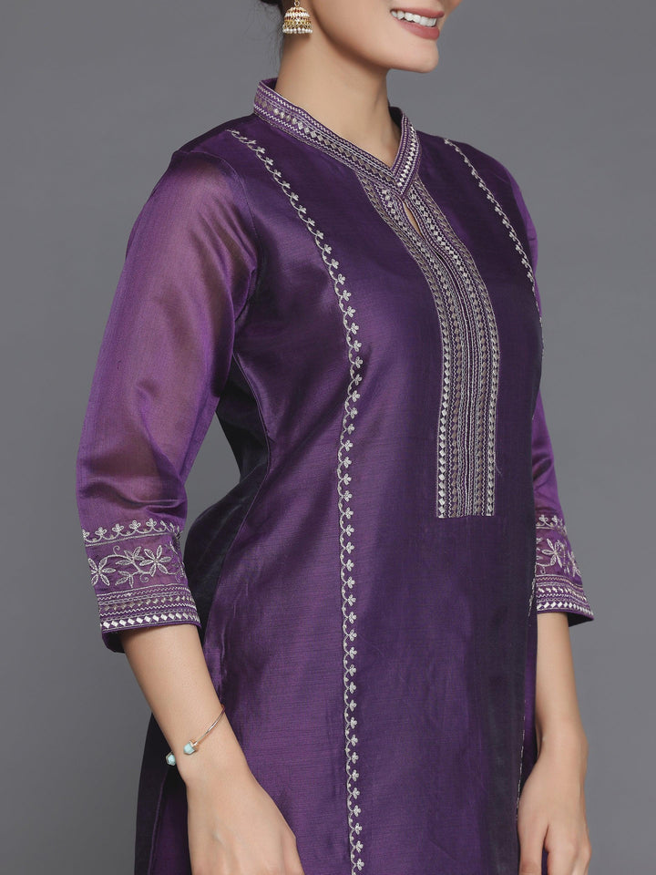 Wine Embroidered Chanderi Silk Straight Suit With Dupatta - Libas