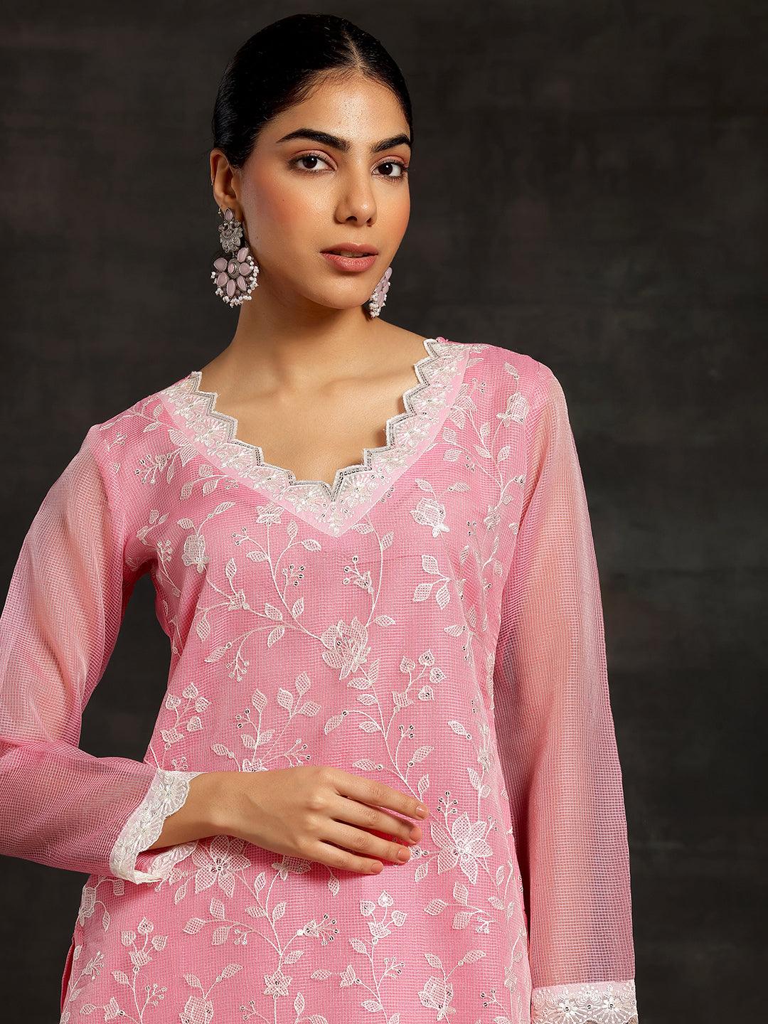 Pink Embroidered Cotton Straight Suit With Dupatta - Libas 