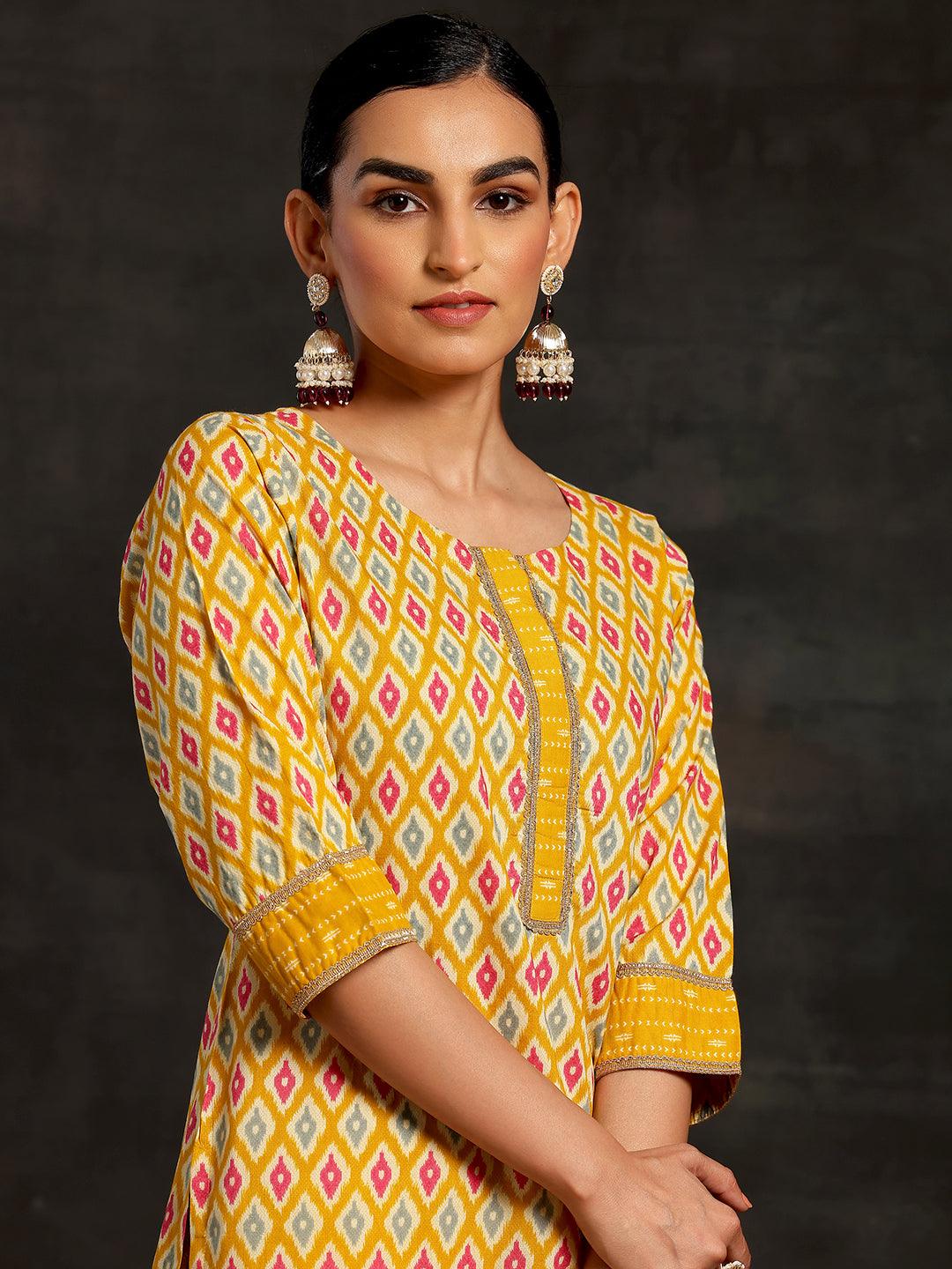 Mustard Printed Cotton Straight Suit With Dupatta - Libas