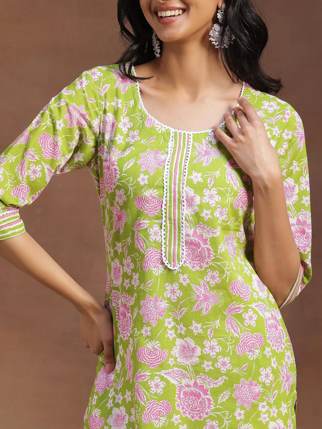 Green Printed Cotton Straight Kurta - Libas 