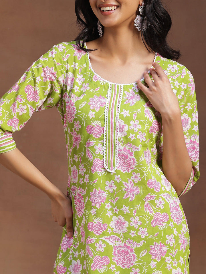 Green Printed Cotton Straight Kurta - Libas