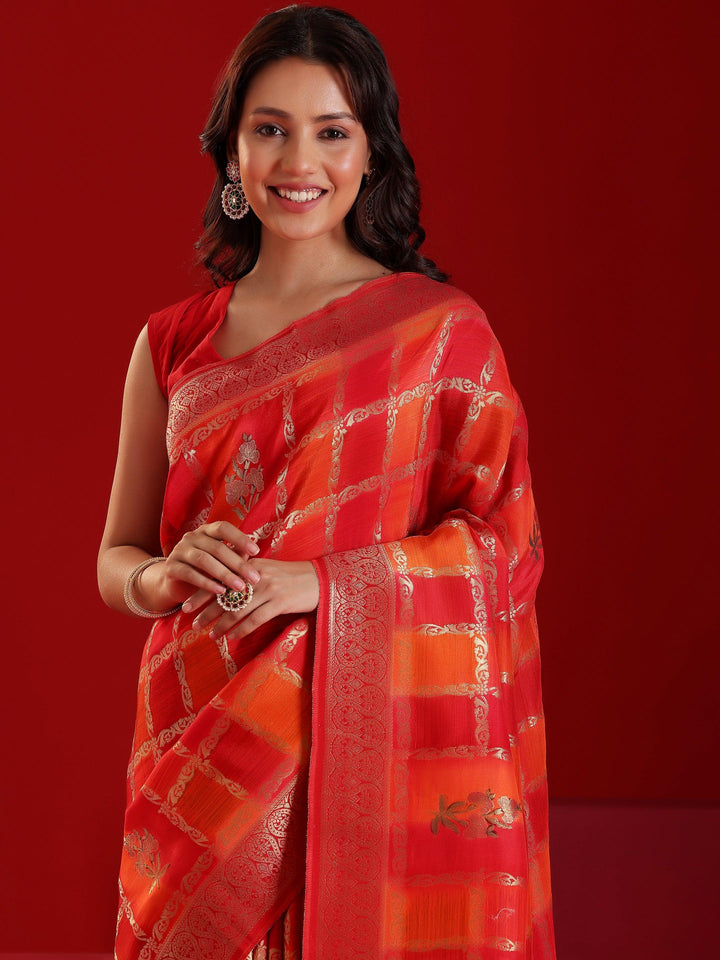 Libas Art Orange Woven Design Satin Saree With Unstitched Blouse Piece - Libas