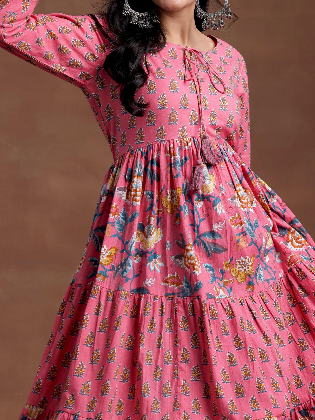 Pink Printed Cotton A-Line Dress - Libas 