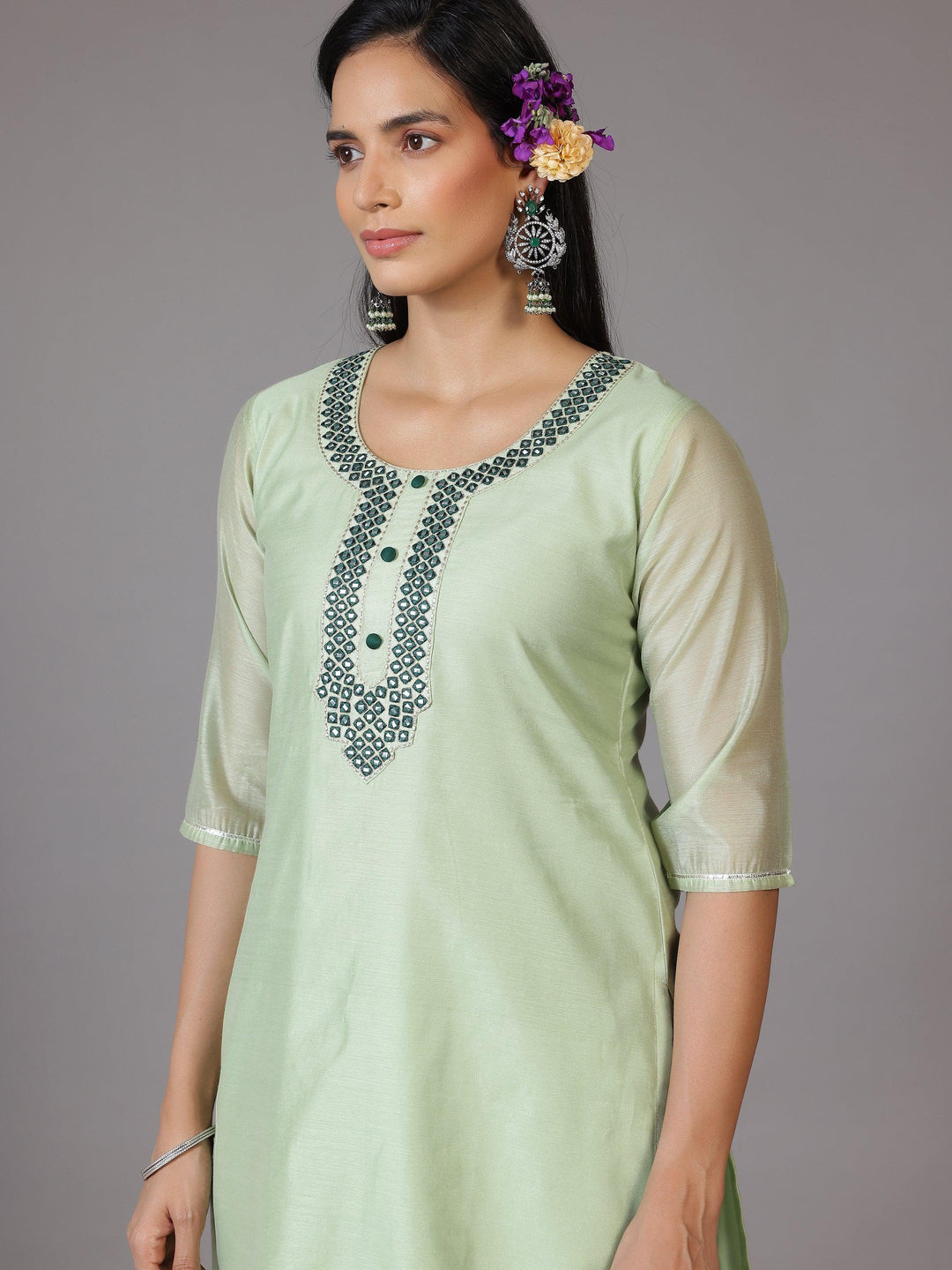 Green Yoke Design Chanderi Silk Straight Kurta With Trousers & Dupatta - Libas