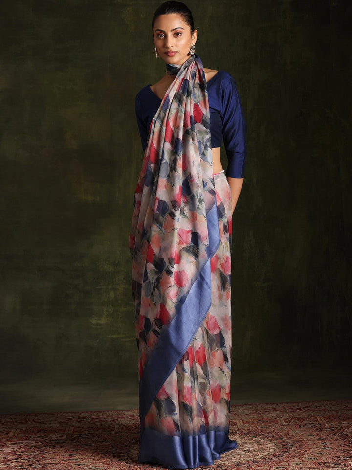 Multicoloured Printed Silk Blend Saree With Unstitched Blouse Piece - Libas