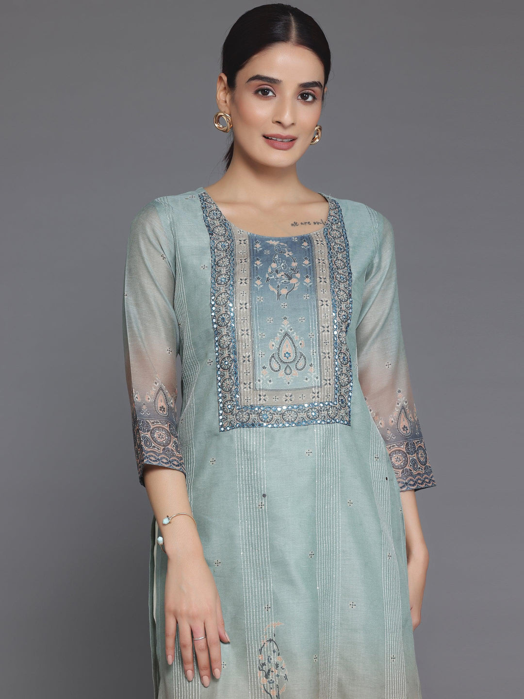 Grey Embellished Chanderi Silk Straight Kurta - Libas 