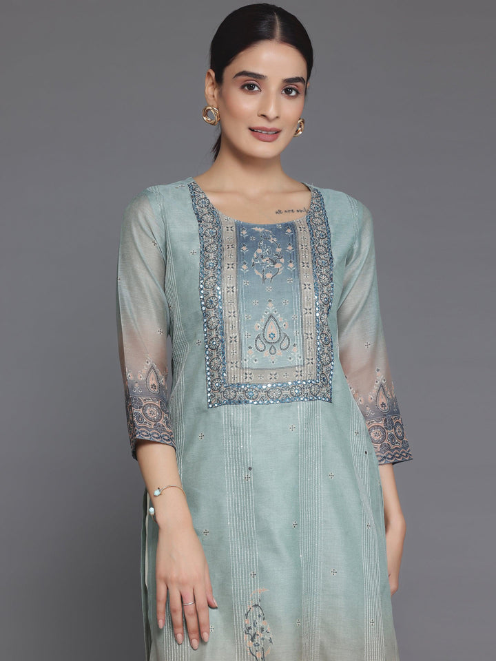 Grey Embellished Chanderi Silk Straight Kurta - Libas