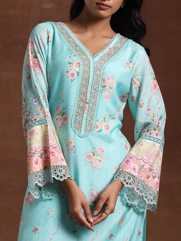 Turquoise Printed Silk Blend Straight Suit With Dupatta - Libas