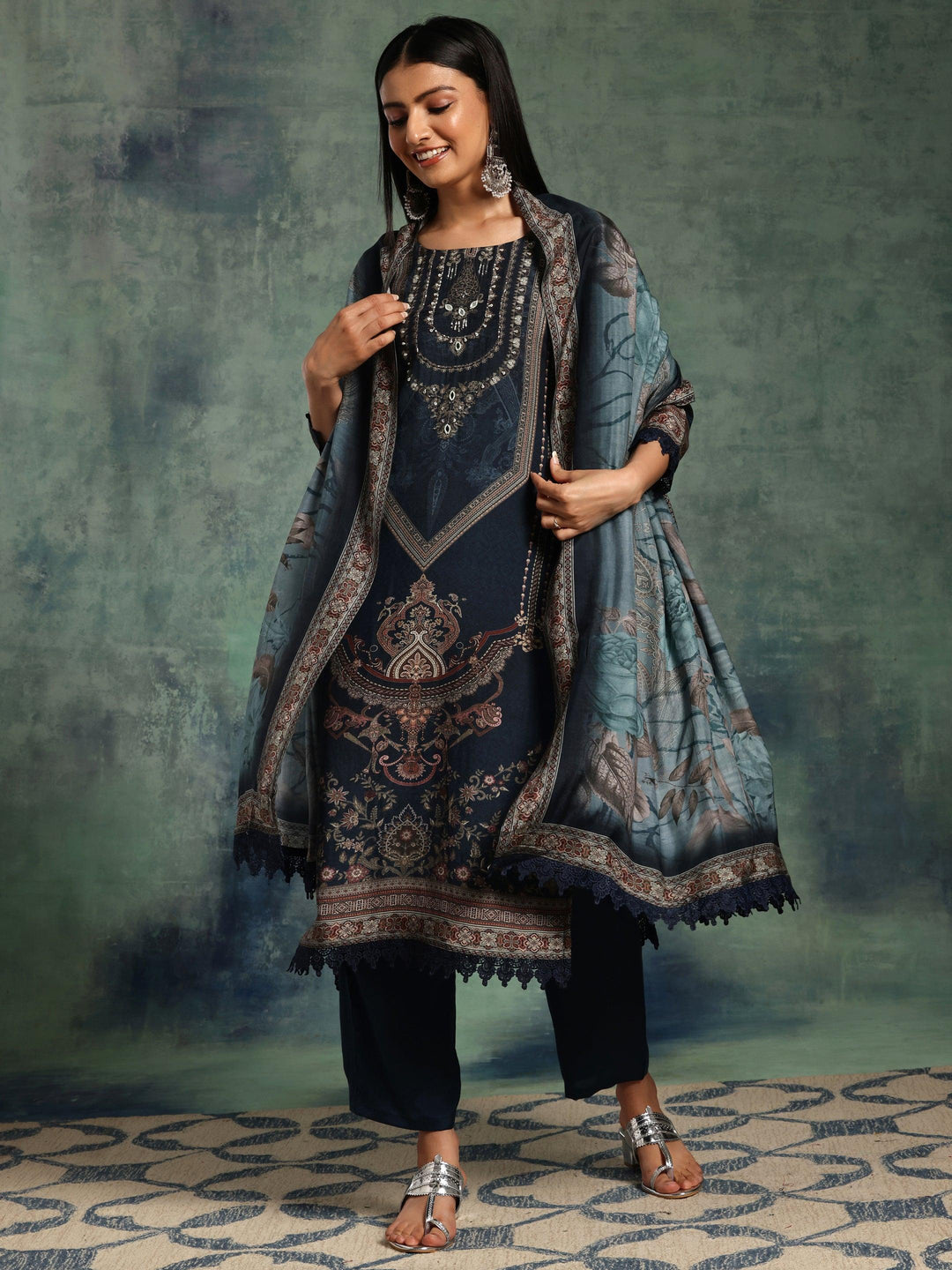 Blue Printed Silk Blend Straight Suit With Dupatta - Libas