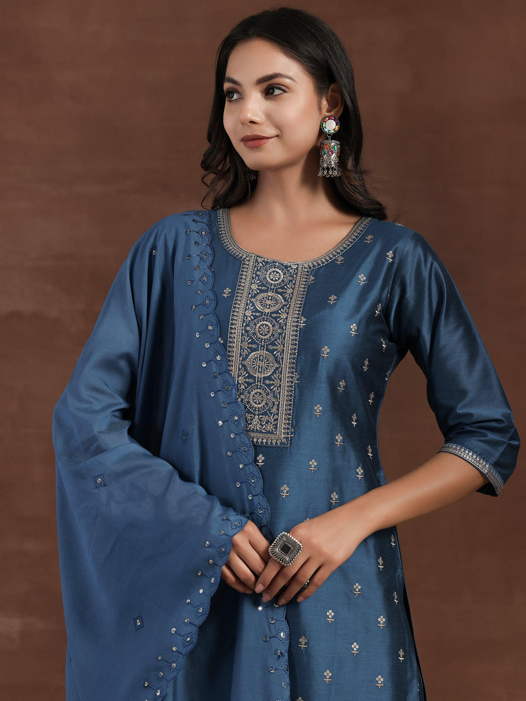 Blue Embroidered Silk Blend Straight Suit With Dupatta - Libas