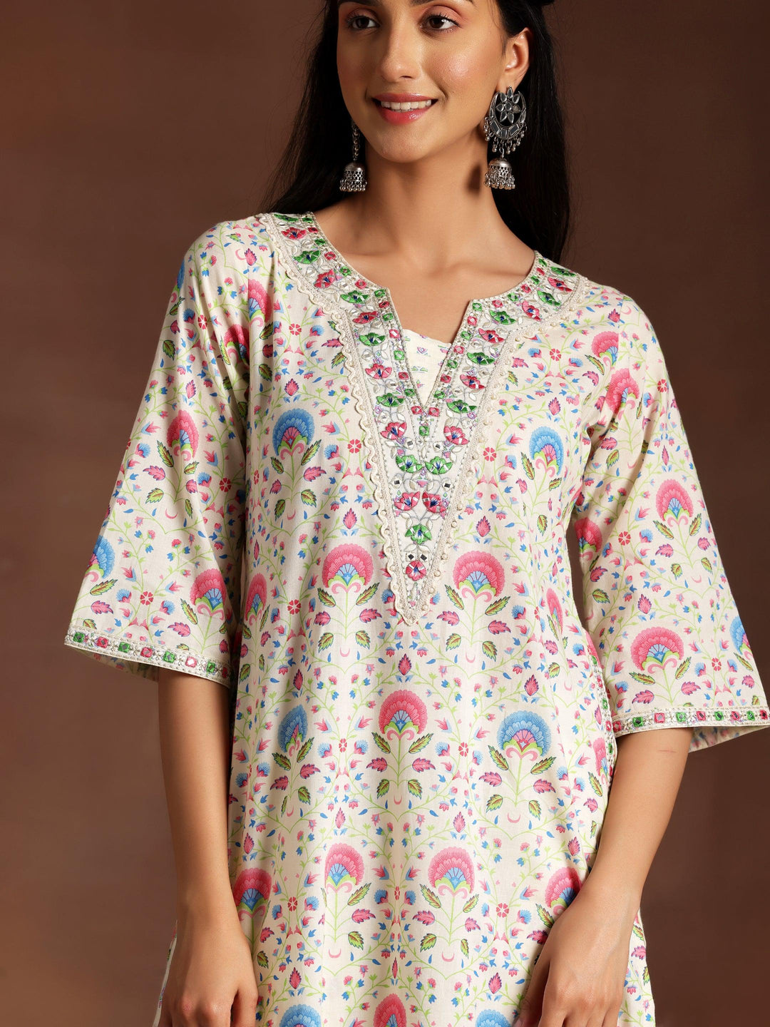 Off White Printed Cotton Straight Kurta Set - Libas 