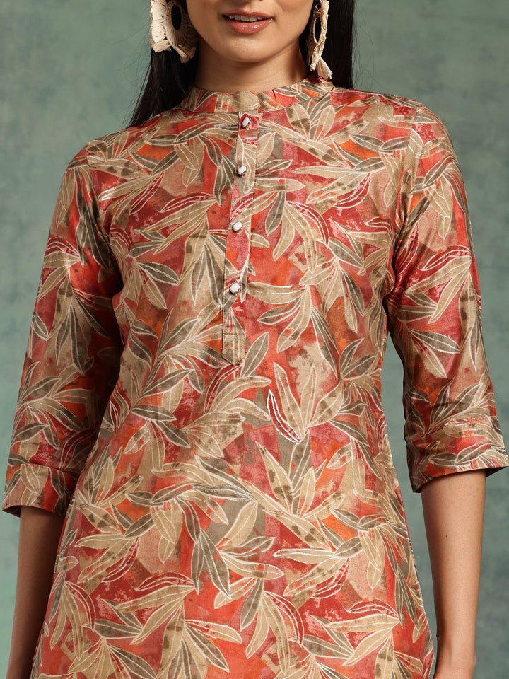 Beige Printed Silk Blend Straight Kurti - Libas