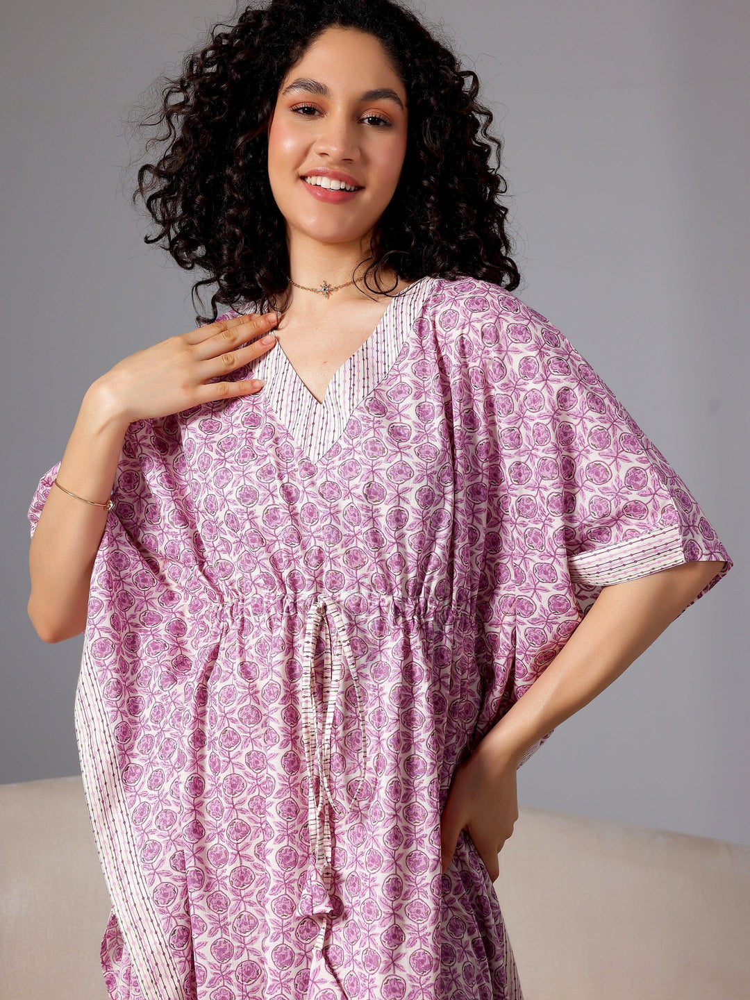 Purple Printed Cotton Kaftan Night Dress - Libas 