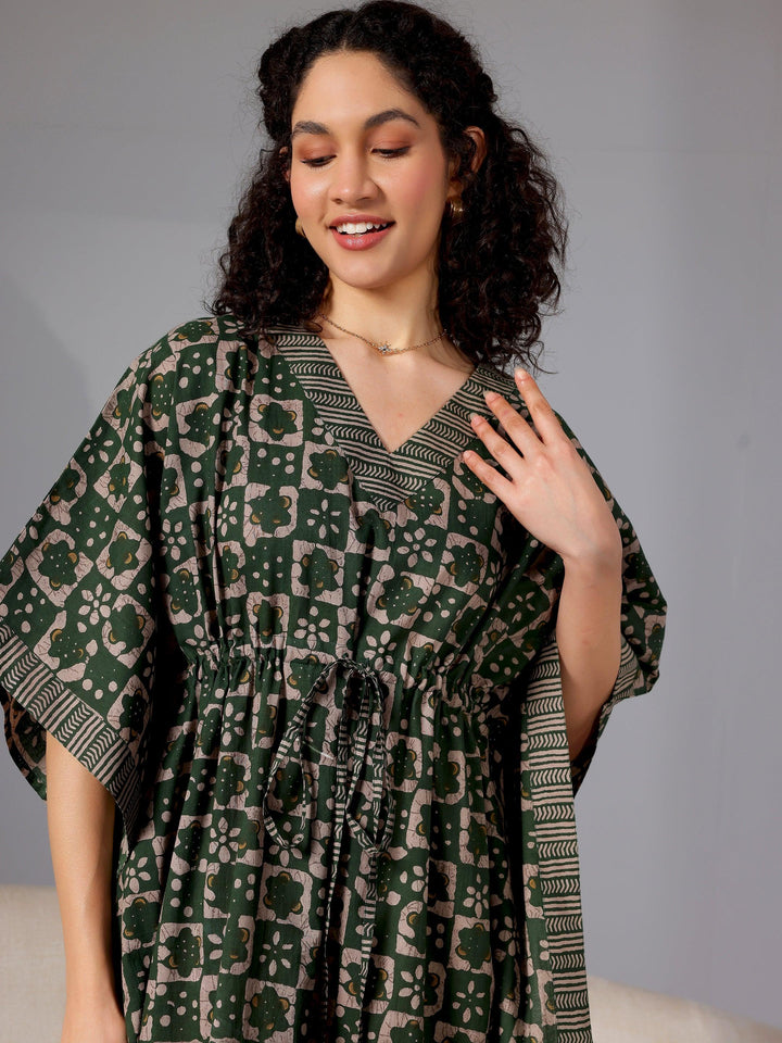 Green Printed Cotton Kaftan Night Dress - Libas