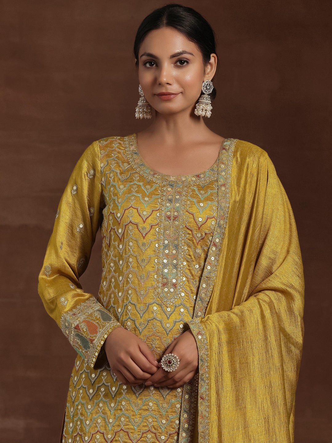 Mustard Embroidered Silk Blend Straight Kurta With Palazzos & Dupatta - Libas 