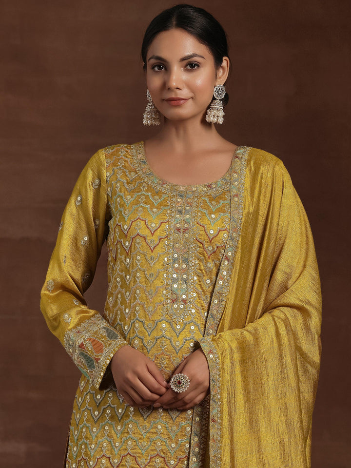 Mustard Embroidered Silk Blend Straight Kurta With Palazzos & Dupatta - Libas