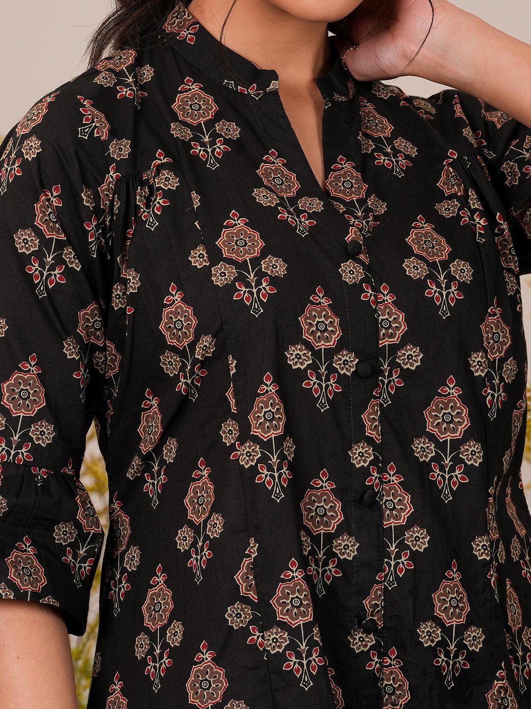 Black Printed Cotton Straight Kurti - Libas