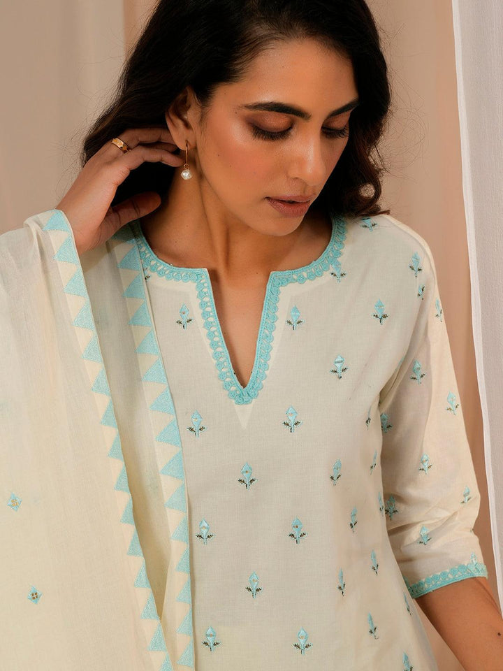 Off White Embroidered Cotton Straight Suit With Dupatta - Libas