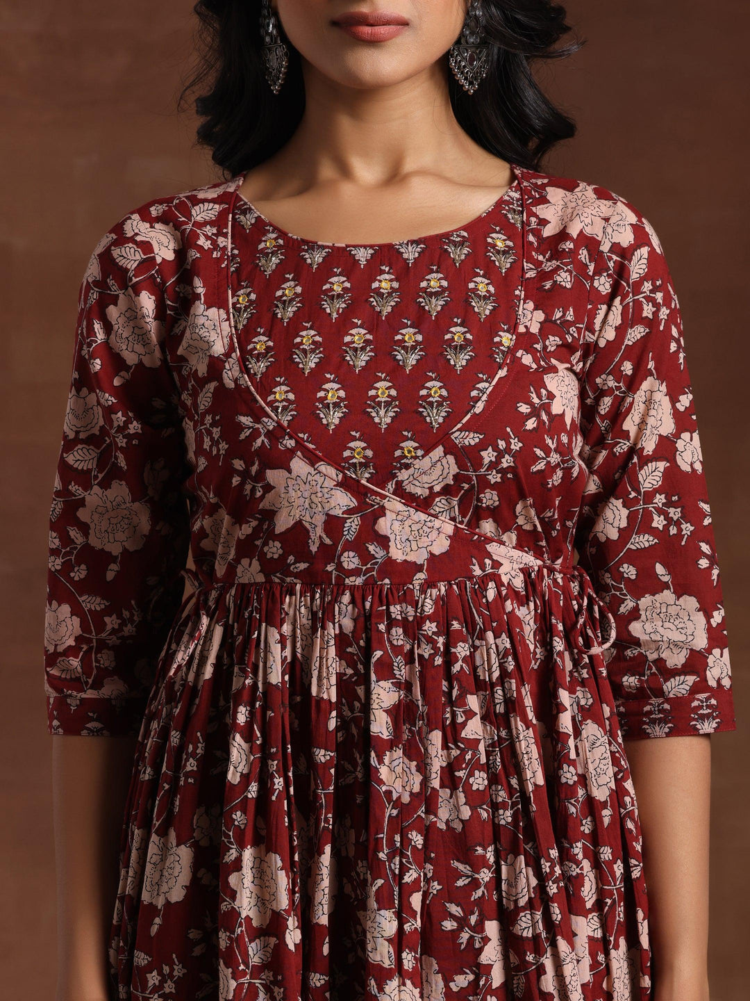 Maroon Printed Pure Cotton Anarkali Suit With Dupatta - Libas 