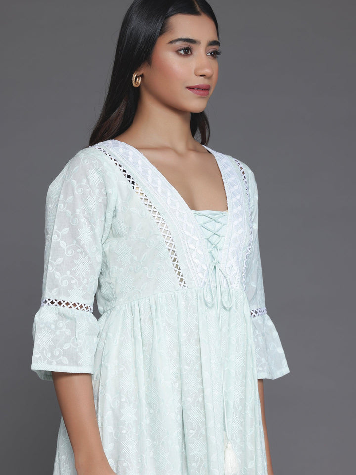 Sea Green Embroidered Cotton Fit and Flare Dress - Libas