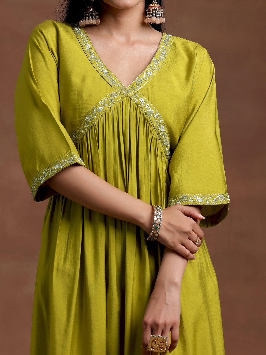 Olive Solid Silk Blend A-Line Kurta With Trousers & Dupatta - Libas