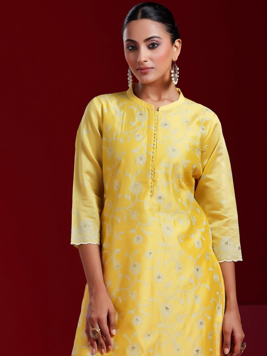 Libas Art Yellow Embroidered Chanderi Silk Straight Suit With Dupatta - Libas