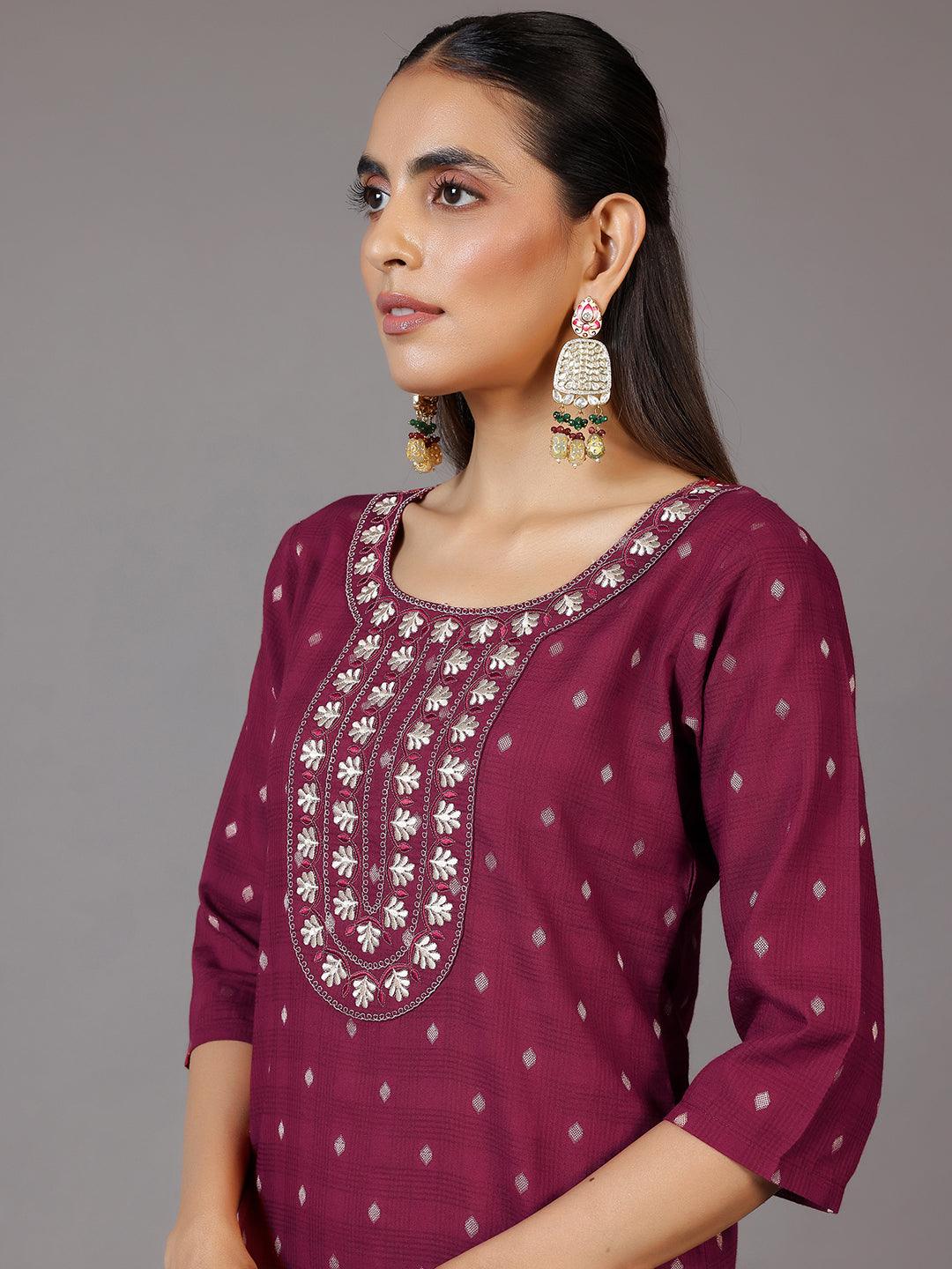 Maroon Embroidered Cotton Straight Kurta - Libas 