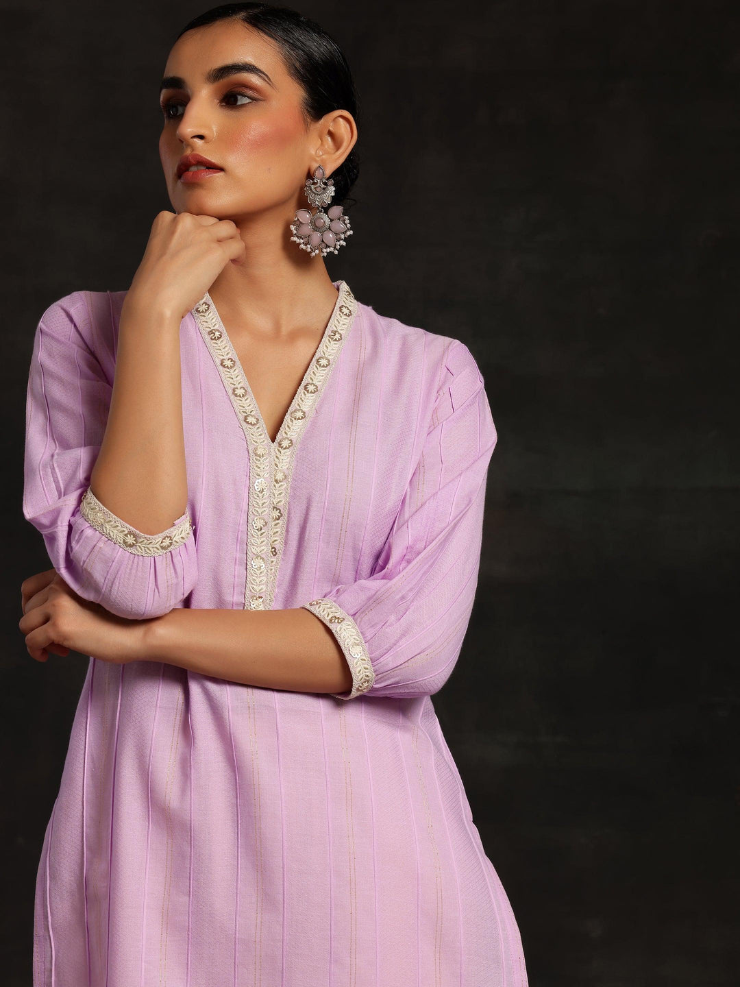 Purple Woven Design Cotton Straight Kurta - Libas 