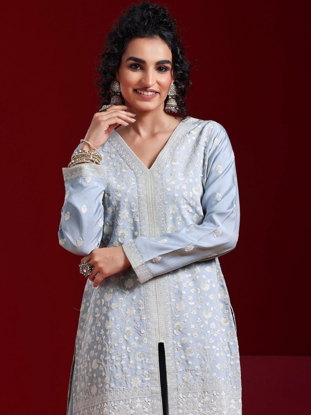 Libas Art Grey Embroidered Silk Blend Straight Suit With Dupatta - Libas 