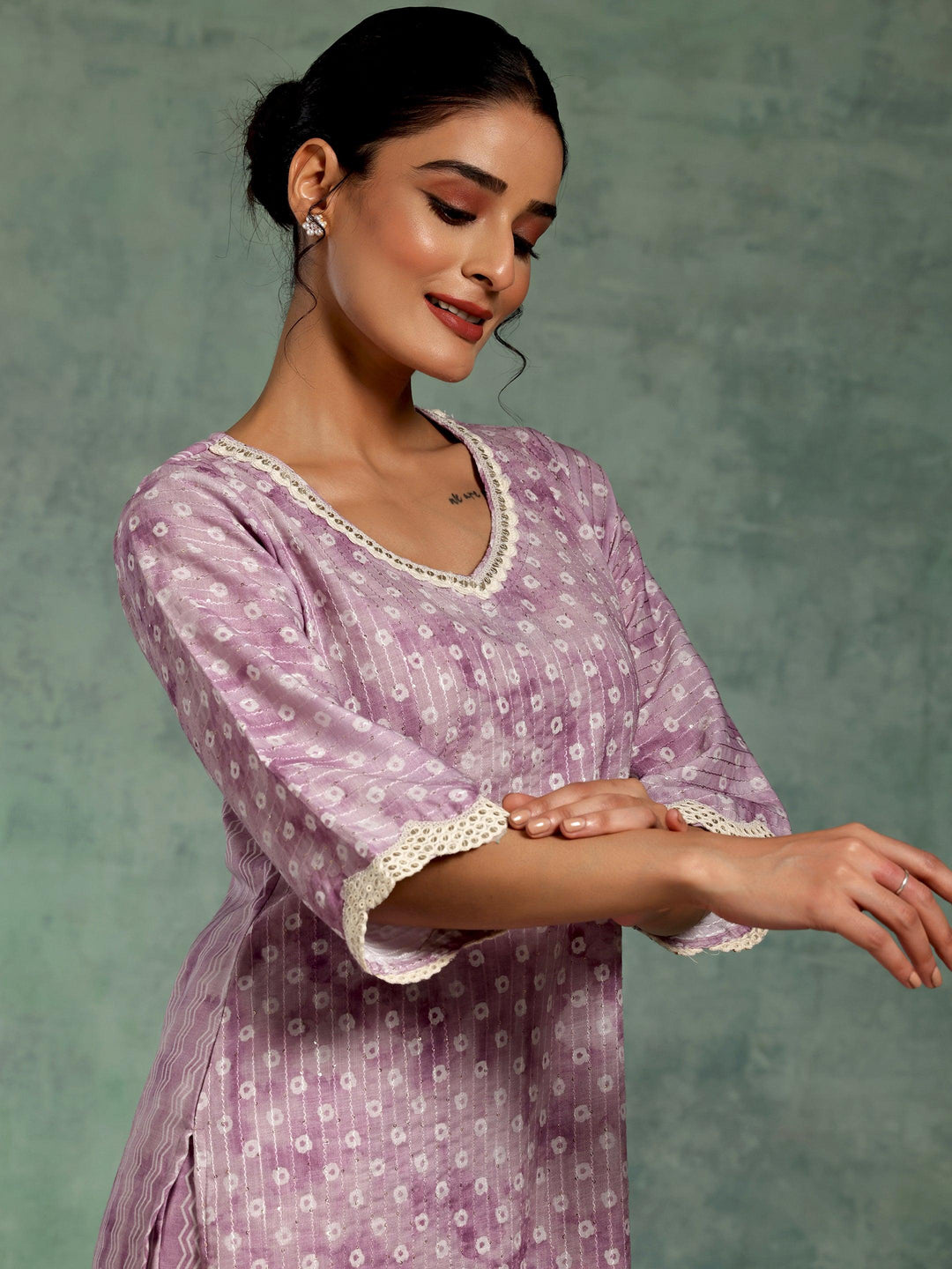 Purple Printed Cotton Straight Kurta Set - Libas