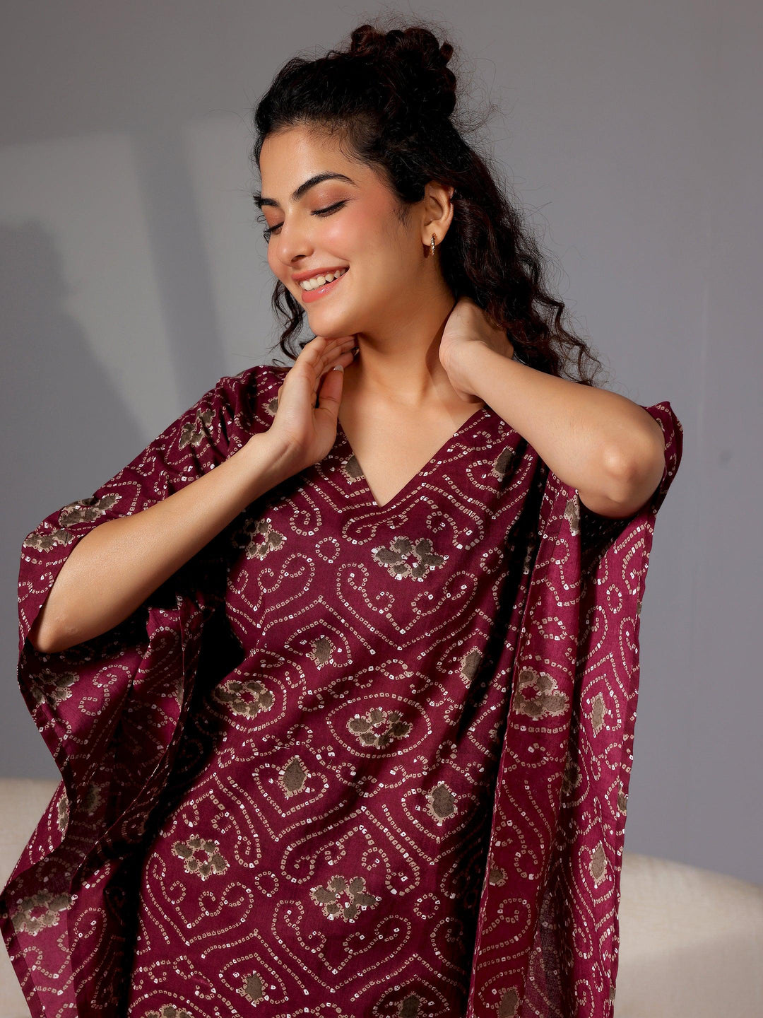 Wine Printed Cotton Night Suits - Libas 