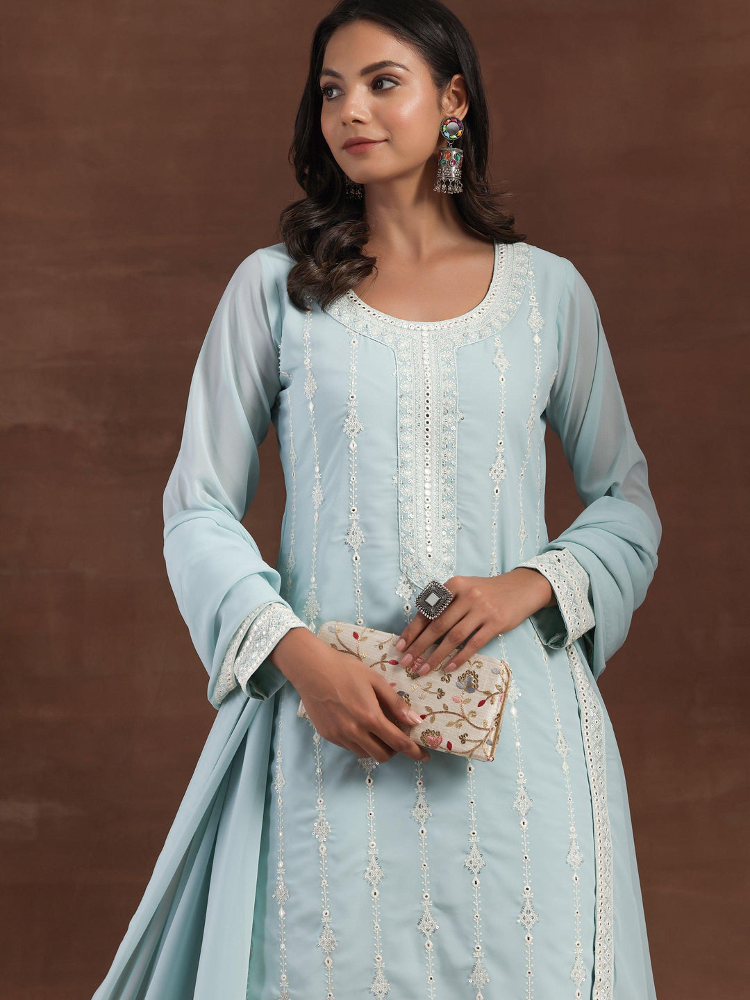 Blue Embroidered Georgette Straight Suit With Dupatta - Libas 