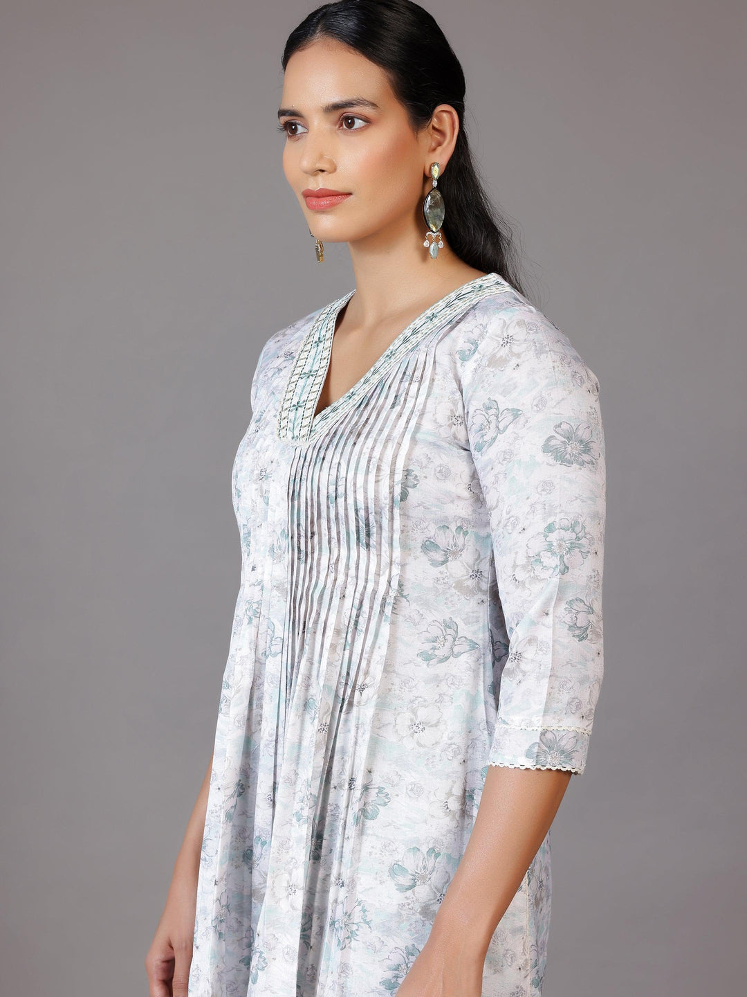 Off White Printed Cotton Blend A-Line Kurta With Palazzos & Dupatta - Libas 