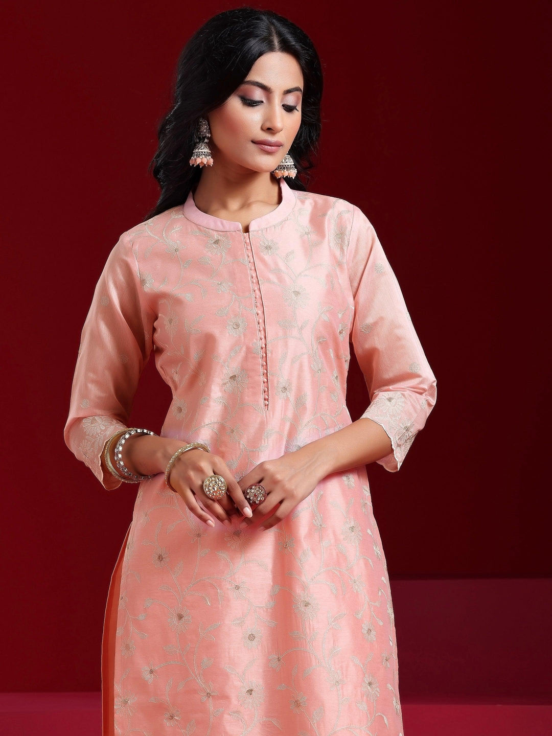 Libas Art Pink Embroidered Chanderi Silk Straight Suit With Dupatta - Libas 