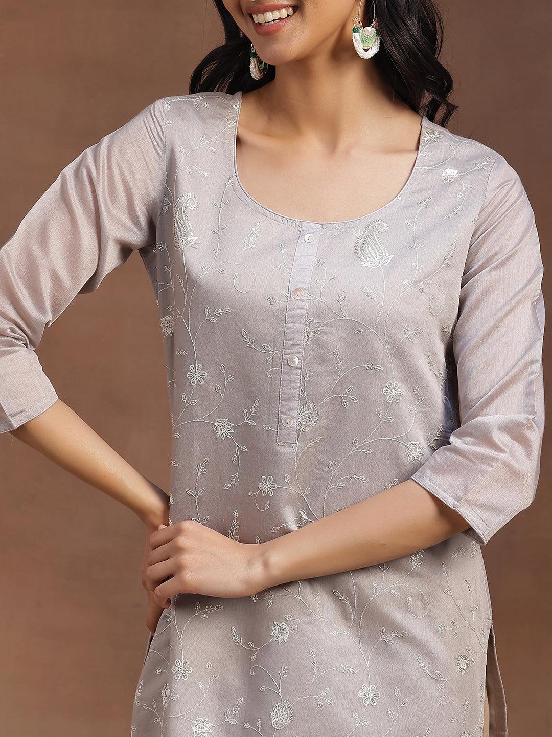 Grey Embroidered Chanderi Silk Straight Kurta - Libas 