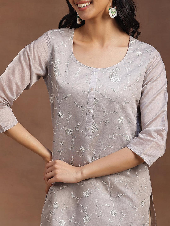 Grey Embroidered Chanderi Silk Straight Kurta - Libas