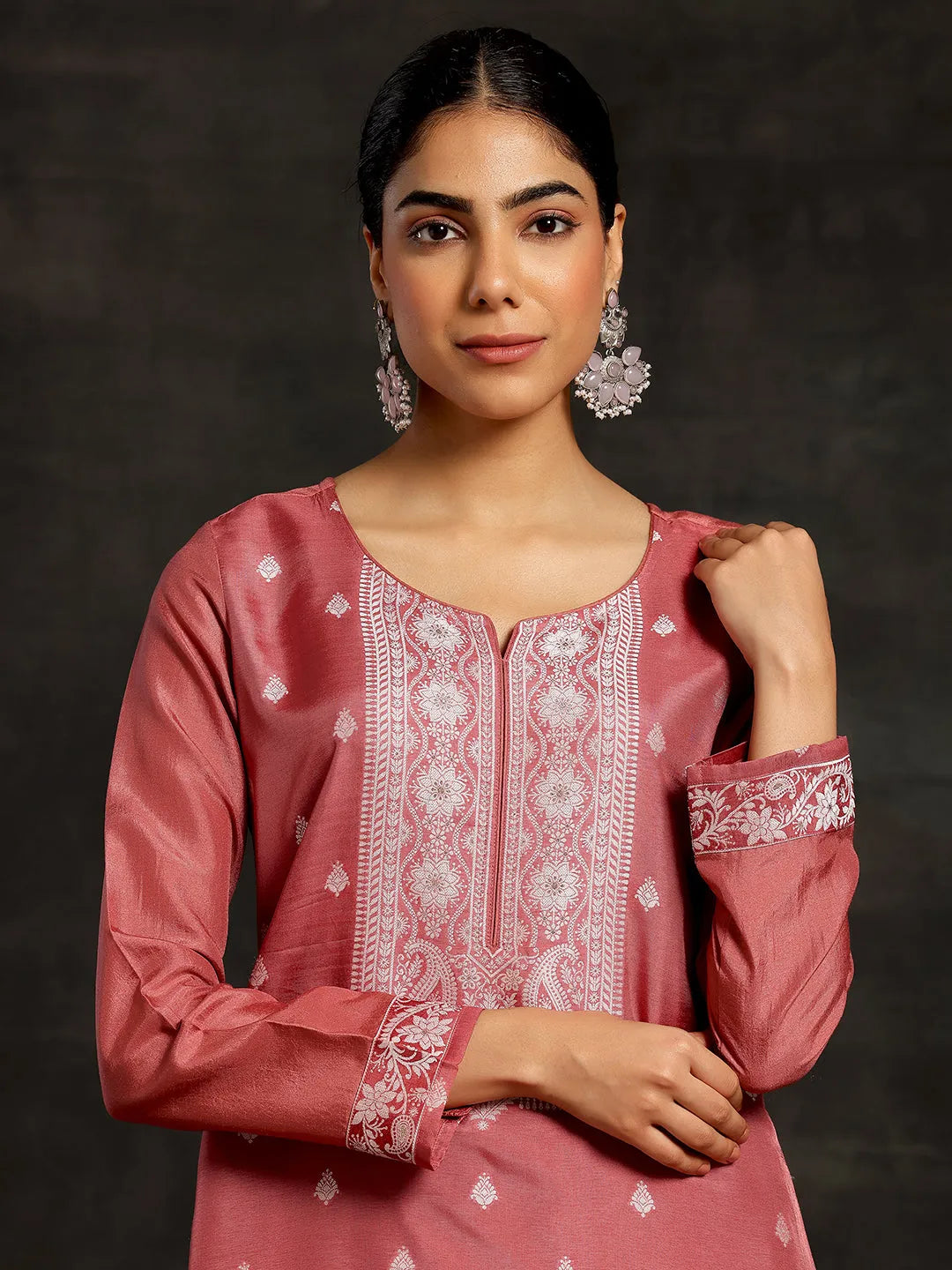  Pink Woven Design Silk Blend Straight Suit With Dupatta 