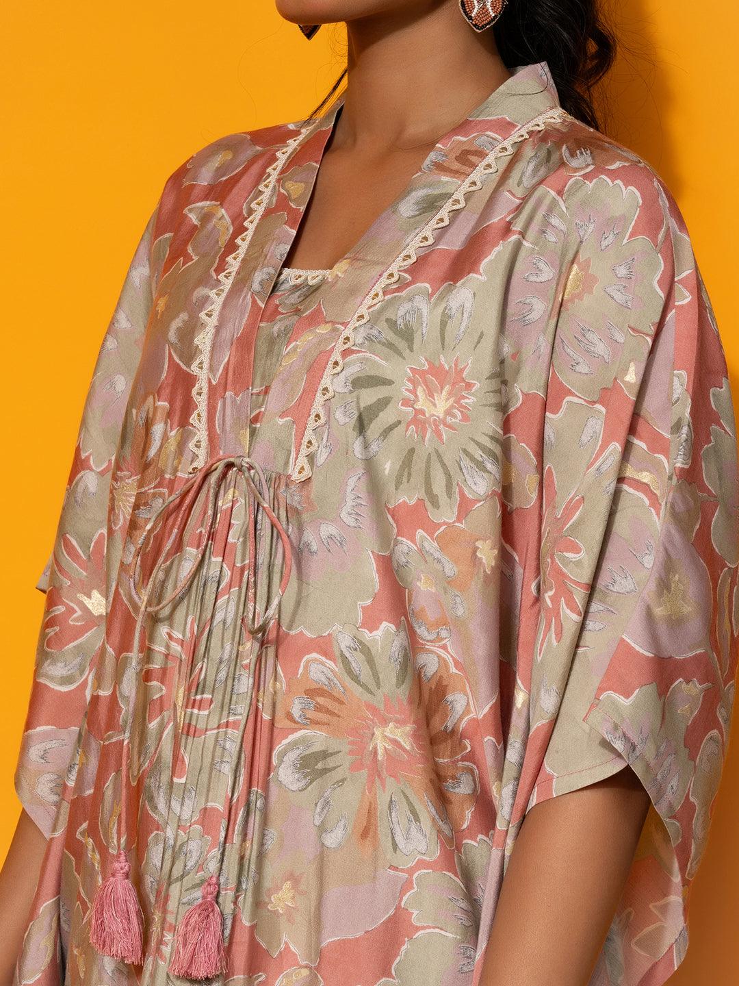 Peach Printed Silk Blend Co-Ords - Libas 