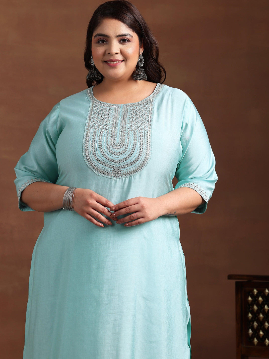 Plus Size Blue Yoke Design Silk Blend Straight Suit With Dupatta - Libas 