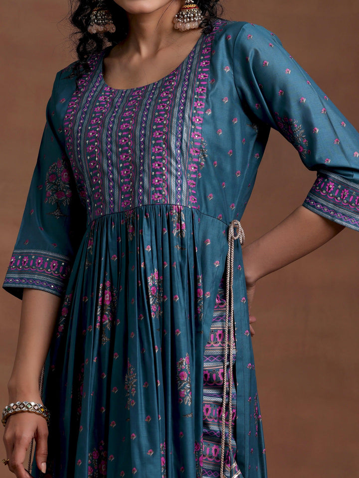 Blue Printed Silk Blend A-Line Kurta With Palazzos & Dupatta - Libas